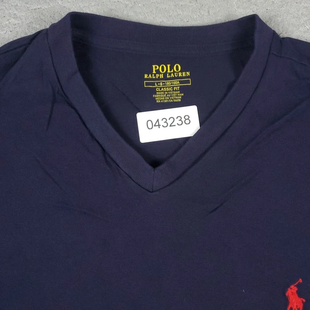 Polo Ralph Lauren Mens Large Navy Blue V-Neck T-Shirt Red Pony Logo Short Sleeve